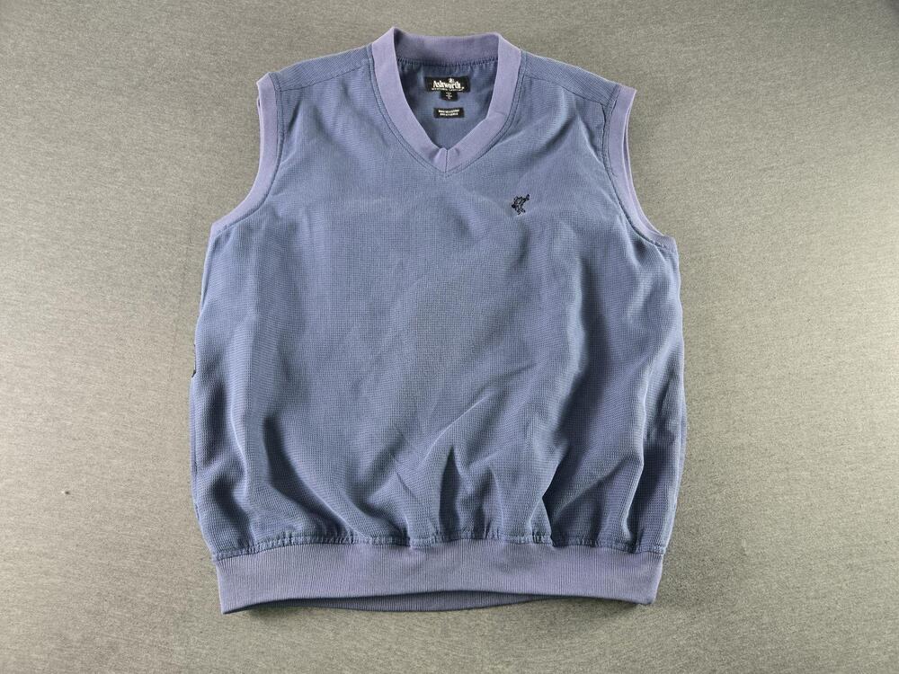 Ashworth Sweater Vest Mens Medium Blue V Neck Wind Resistant Golf Knit Lined